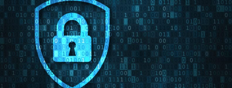 Cybersecurity and data privacy protection concept, lock, binary digits background