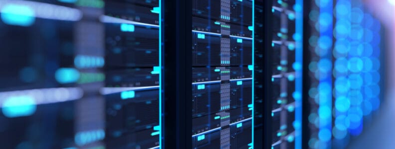 Corridor of server room with server racks in datacenter. 3d illustration